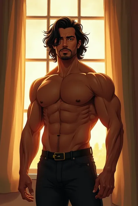 Handsome strong black haired shirtless tall man with the sun coming through a window behind him. that looks like a drawing