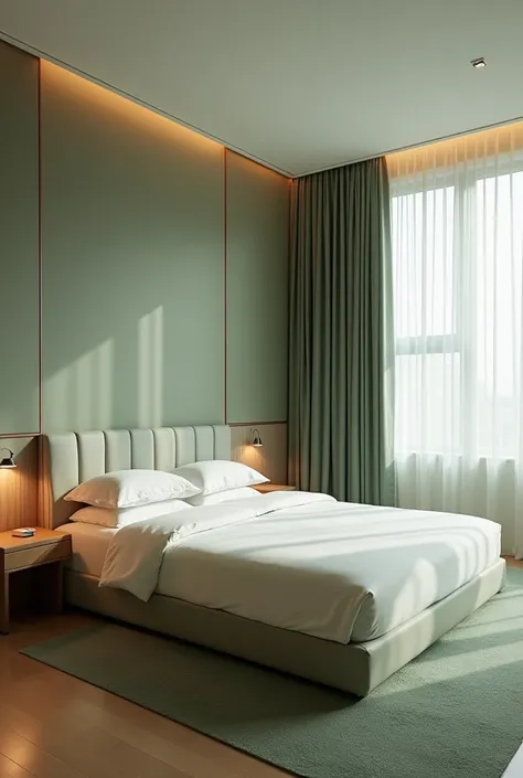 A double room measuring 3m by 4m, with a king size bed, two bedside tables. Decorated in light green colors, dark green and light beige. Decorated in a modern minimalist style. Double wardrobe up to the ceiling on the left side of the bed, and window right...