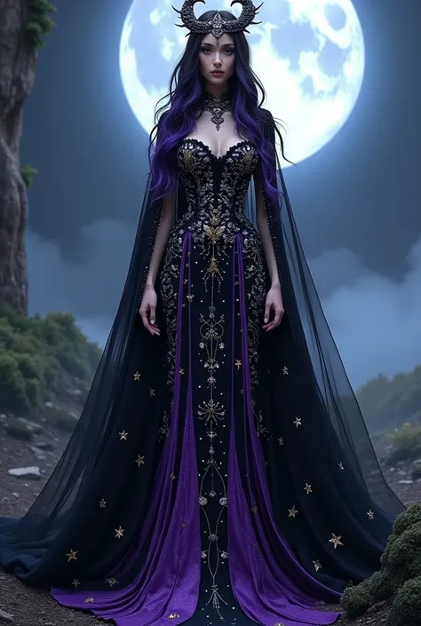  black and purple wedding dress, Adorned with gold stars and silver details that shine in the moonlight. His hair is long and black, with purple tips, and a diadem in the shape of a scorpion shines on his forehead. 🖤