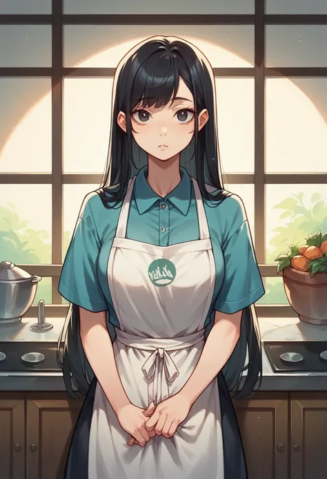 Girl wearing apron, front view, Long hair, black hair, view to one side