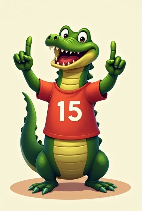 Happy alligator with one hand making the number one and the other hand making the number five with a red shirt with the number 15 