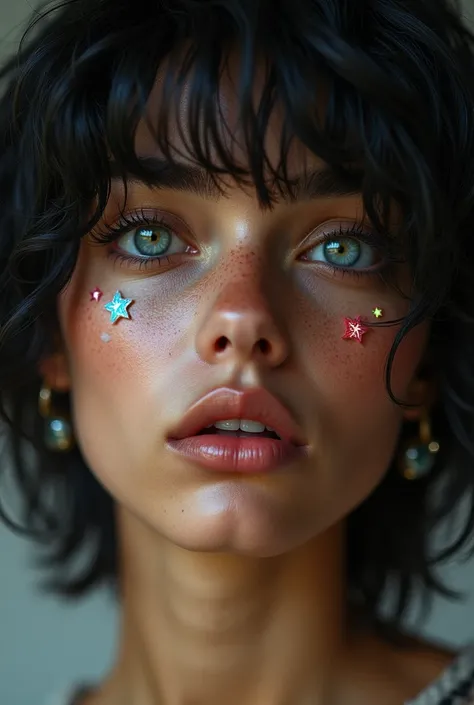 Close-up of an improved masterpiece:1.5)0.9] (messy black hair:1.1) (heterochromia: xanthochromia and brown eyes :1.2)(colored stars in the eyes:1.0) (thick lips:0.9) (that is a human person) (brown skin color) (whole body) 