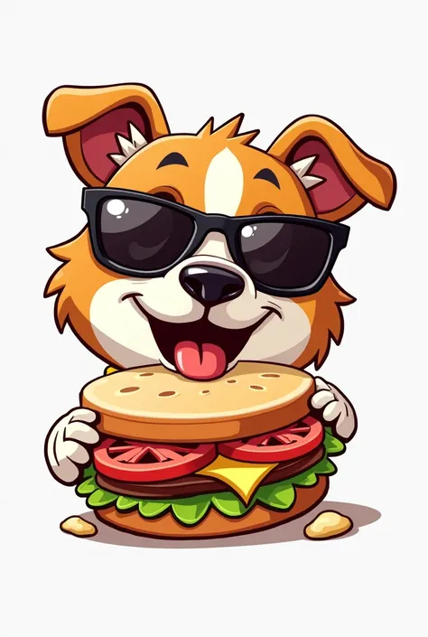 Make a logo with my company name: Delicrunchi. A cool looking dog wearing sunglasses is about to eat a delicious and very crunchy sandwich. 