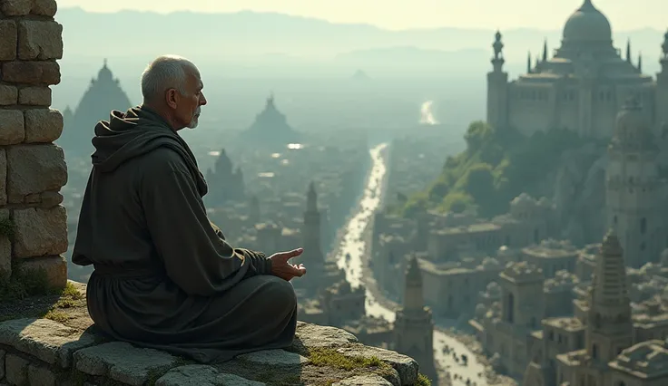 Monk meditating while looking at a ruined city