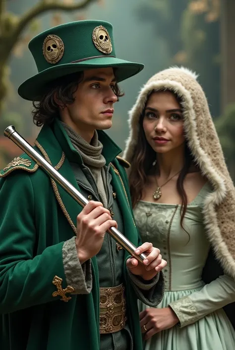 Trevor Tordjman in Pied Piper of Hamelin costume, green alpine fedora skeleton hat,and a silver-colored flute next to Anya Taylor Joy in a princess dress,using a donkey skin as a cape covering his head