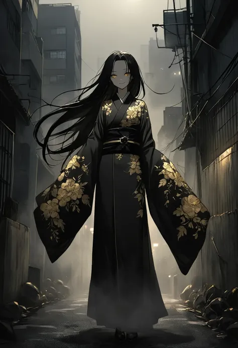 A black silk kimono embroidered with gold flowers。In the fogでの美しさ,In the fog。Standing in an alley。Black belt。smile。Super long black hair。forehead,Foggy Sky。 To the audience。Beautiful golden eyes。Stylish pose。Dead skin。alone。darkness。Spooky atmosphere。Japan...