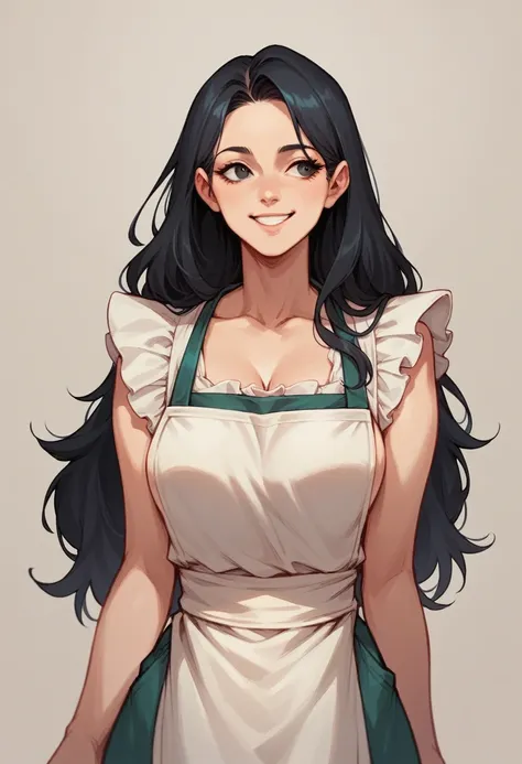 Girl wearing apron, front view, Long hair, black hair, look to the side, smile