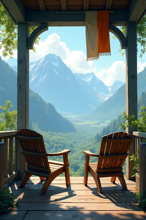 two chairs sitting on a porch overlooking a valley and mountains in the distance with a flag hanging from the roof, Don Arday, samikshavad, panoramic view, a jigsaw puzzle