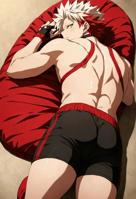 Bakugou wearing only tight,black and red boxers around his big round ass while laying down with his back against the camera.