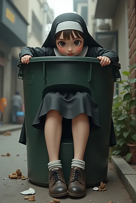 female young nun is stuck headfirst inside trash can. She is using skirt and oxford shoes