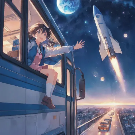 Rocket in the background、Anime girl with backpack sitting at the window of a bus, Look up at the sky, Open Mouth Smile, Makoto Shinkai!, ( ( Makoto Shinkai ) ), Space Sky. by Makoto Shinkai, Makoto Shinkai!!, in style of Makoto Shinkai, Lofi Artstyle, 80s ...