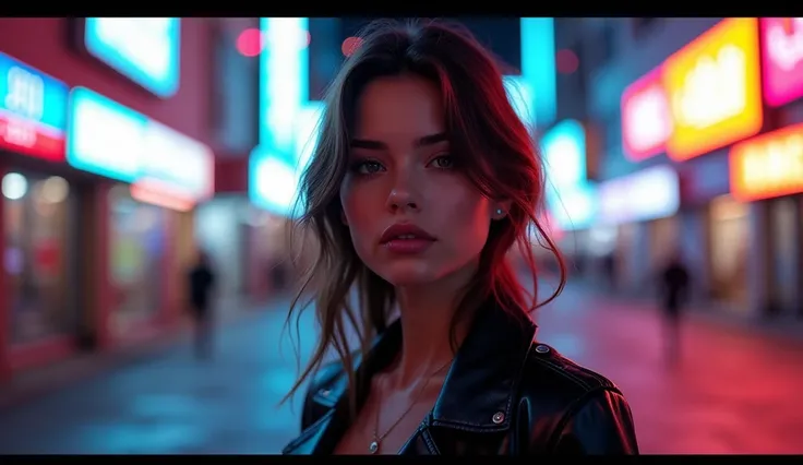 A young woman with a serene expression, beautiful detailed eyes, beautiful detailed lips, extremely detailed face, long eyelashes, wearing a black leather jacket, standing in a modern city street at night, neon lights in the background, vibrant colors, cin...