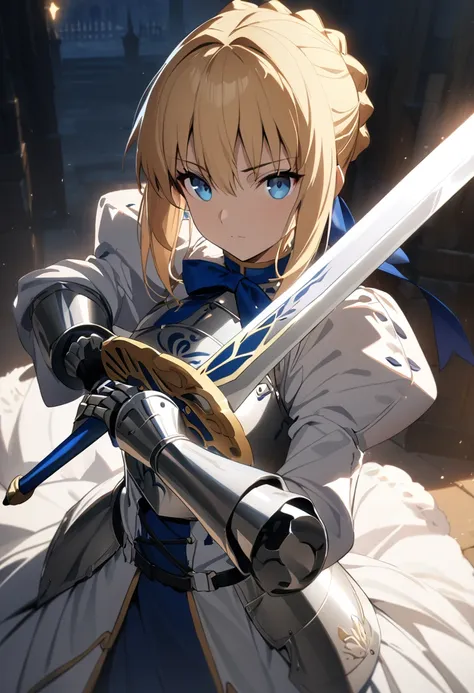 (masterpiece:1.2), (highest quality:1.2), perfect eyes, perfect face, perfect lighting,1girl，saber, holding sword artoria pendra...