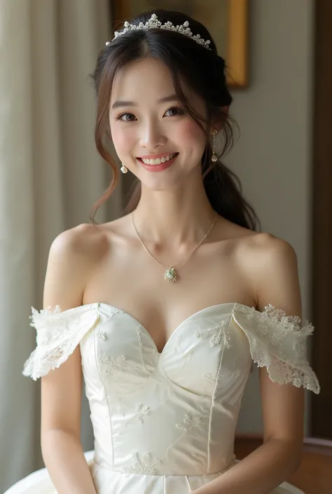 Realistic upper body portrait of a young japanese bride aged 23 with long hair, ponytail, hairband, necklace, smile. She poses in front of the camera in a satin A-line weddingdress with off shoulder straps..., schöne Muster im satin Fabric, Weddingparty,gl...