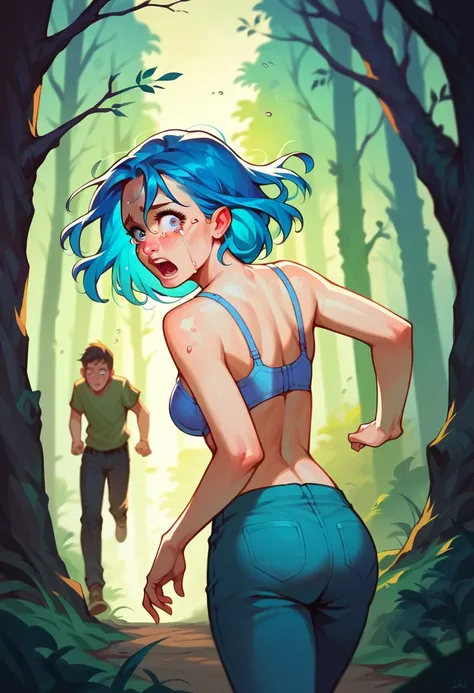 The blue haired woman was surprised,bra ,Running away while looking back ,Frightened look, dark night ,in the forest,tear