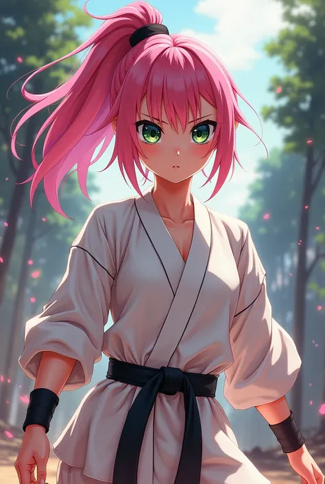 Sakura Haruno, female, pink hair, olive green eyes, clear skin, adolescent, martial artist, Taekwondo 14 years, Athletic and muscular body without exaggeration, anime style