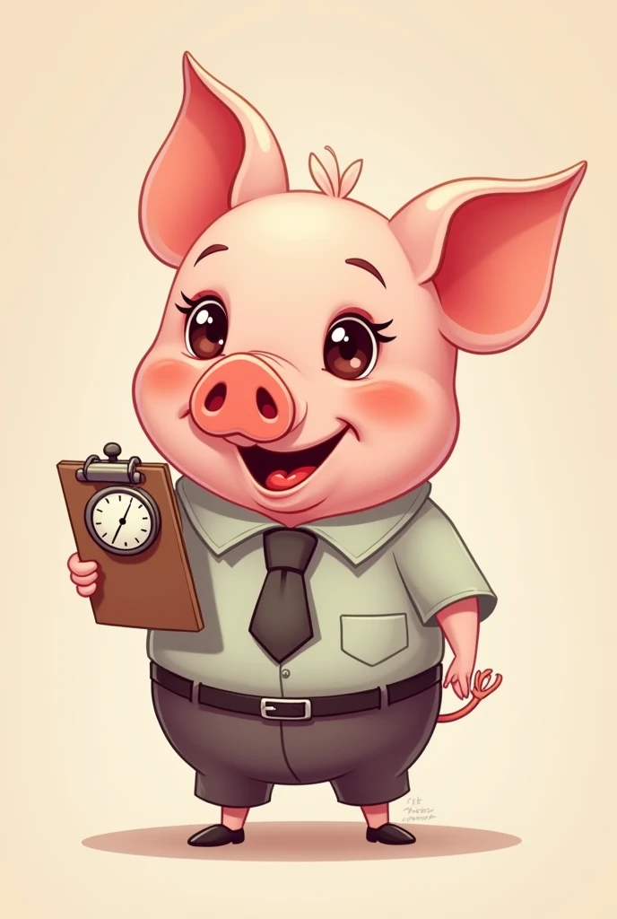 An animated little pig with a stopwatch around its neck and holding a clipboard in its left hand