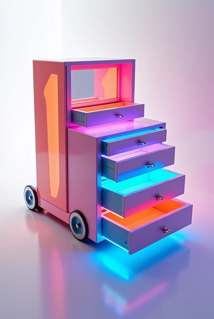 modern ,neon lights inside  Gorgeous Jewelry box with multiple drawers different directions ,No patterns, many saturated colors white background 
Truck shape