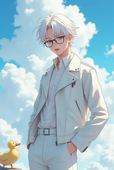 ai anime cyberpunk setting, White wavy hair boy , He is wearing a white rider jacket and trousers., glasses쓰고 , glasses, lips filler , Dreamy background  ,Three-dimensional ,realistic , Pure background, cloud background  ,cute duck sitting 