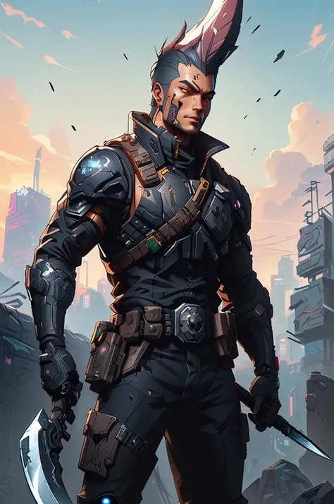 a close up of a man with a razor-sharp axe blade protruding from his head formed from his own hair, shadowrun splash art, shadow...