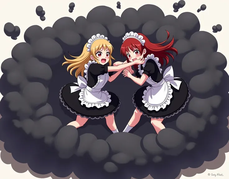 An anime-style illustration depicting many vampire-maids playfully wrestling with each other inside a brack comical fight cloud (dust cloud).
each maid has different  colored hair.
their faces,hands,and feet are visible emerging from the cloud as they tuss...