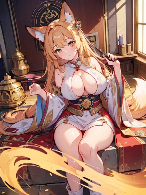 ((((masterpiece)))), ((((Highest quality)))), High resolution,sacred,shrine,whole body,detailed,expensive,woman,Curvy,Fox Ears,赤袴 High resolution, Golden Eyes, Huge breasts