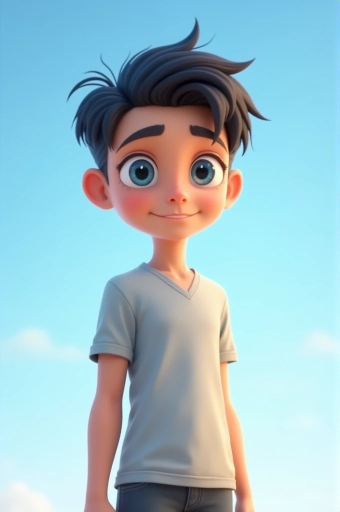 A smart boy, fair looking, light blue eyes, black hair color, smiling face, wearing a shirt and a pair of pants, standing straight, background light blue sky,