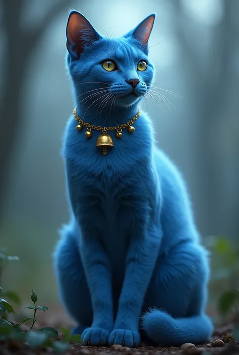 A blue cat with no ears and a collar with golden bells