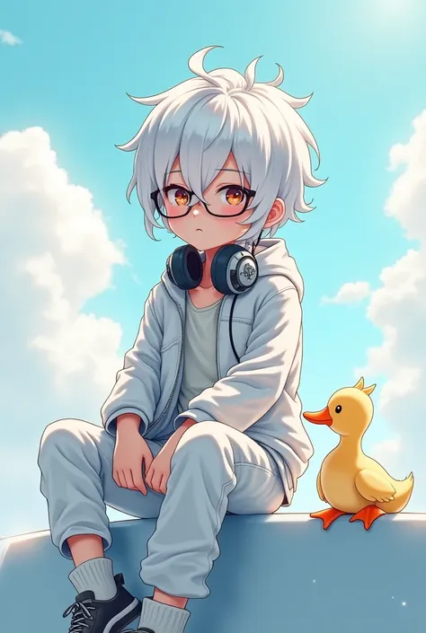 ai anime cyberpunk setting, A boy with white, rough, and very wavy hair , He is wearing a white rider jacket and trousers., glasses쓰고 , glasses, Put on your headset ,Headset on neck ,lips filler , Dreamy background  ,Three-dimensional ,realistic , Pure bac...