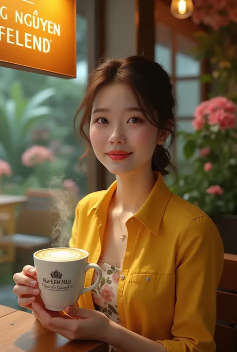 Surrealistic portrait best style coffee bar exactly name "Trung Nguyen Legend", surreal full body of a very beautiful and charming woman, smile very attractive, holding a cup of hot milk coffee with fragrant steam rising, the coffee cup engraved with the e...