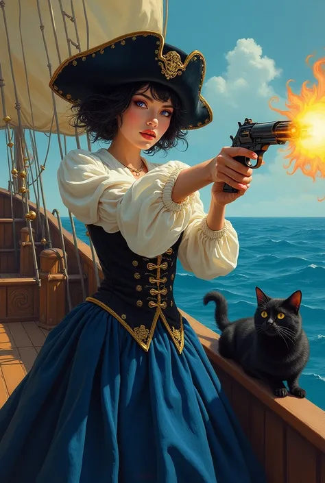 Art Nouveau, painterly Pierre Bonnard style,beautiful young woman violet eyes with short wild wavy black hair blowing in the breeze as pirate queen. shes firing her flintlock pistol. Shes wearing pirate hat, blue & black elaborate dress skirt costume, on h...