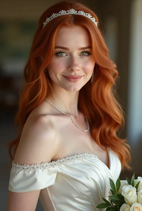 Realistic upper body portrait of a young irish red haired bride aged 23 with long hair, hairband, necklace, smile. She poses in front of the camera in a satin A-line weddingdress with off shoulder straps..., schöne Muster im satin Fabric, Weddingparty,glam...