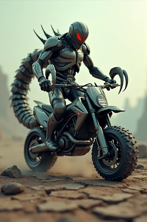 Create a picture of a dirt bike and a scorpion transforming into one, turning into a terrifying figure, create version 9:16.4K