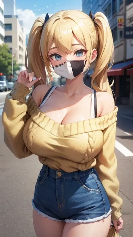 (Highest quality:1.3), Blonde twin tails, Big Breasts, Cleavage, Off-the-shoulder sweater, Shorts, Thighs, (throw, Close-up shot), smile, Street background, Huge breasts,