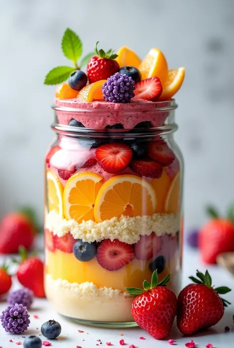 Create a photo of a jar cake with vibrant colors and tasty fruits 