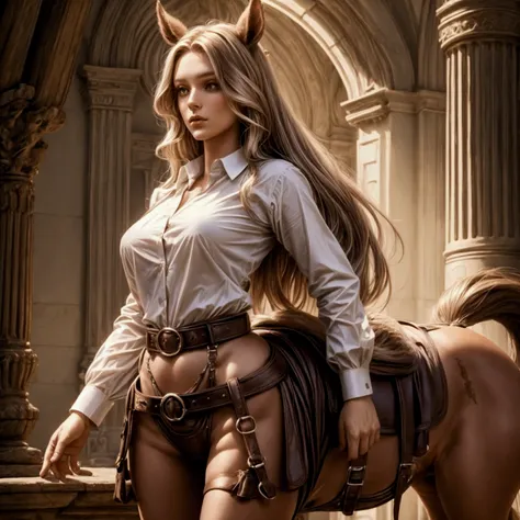 a beautiful centaur,female centaur,pretty shirt,belt,