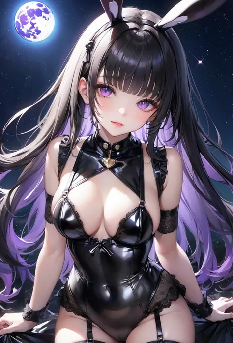 (pov, frontale),  (solo:2, 15 yo) (beautiful blunt bangs:1.3) (beauty black glossy hair long hair) (best beautiful bunny girl) (detailed sexy violet glowing:1.7 eyes), (beautiful glossy lip, best love smile), (medium tits), in a black glossy latex leotard,...