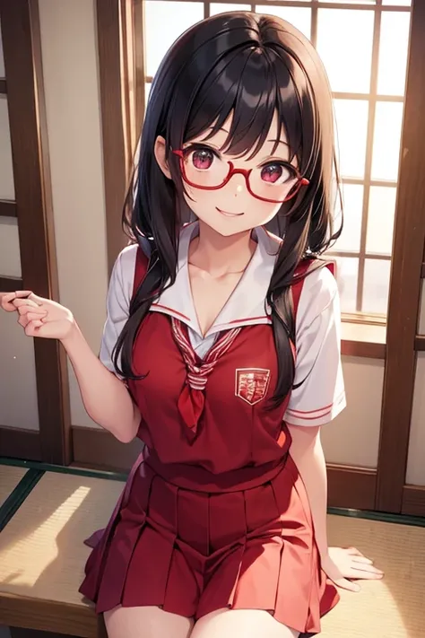 One girl, Japanese、Red Glasses、School uniforms、A radiant smile、cute