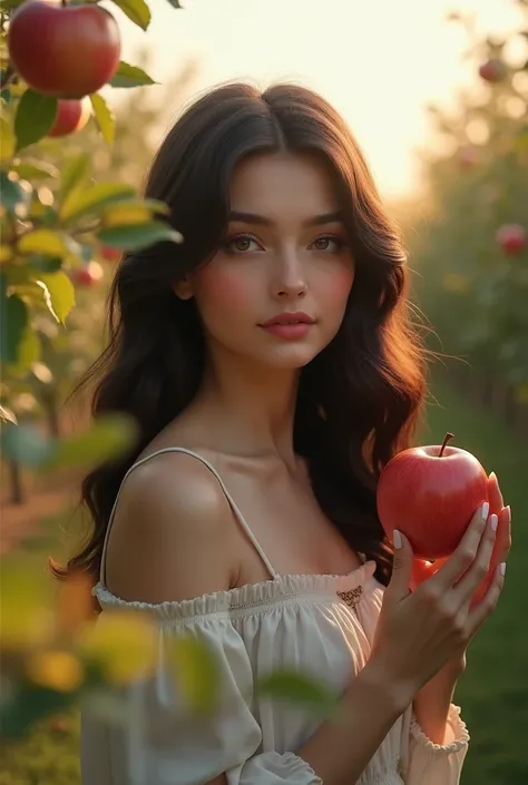 1girl, beautiful detailed eyes, beautiful detailed lips, extremely detailed face and eyes, long wavy hair, flowing red dress, serene expression, holding red apple, standing in apple orchard, sunlight filtering through trees, blurry apple leaves in foregrou...