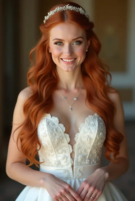 Realistic upper body portrait of a young irish red haired bride aged 23 with long hair, hairband, necklace, smile. She poses in front of the camera in a satin A-line weddingdress with straps..., schöne Muster im satin Fabric, Weddingparty,glamour fotoshoot...