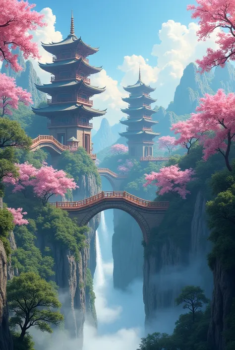 This image depicts a beautiful and colorful landscape of a fantasy land. Traditional Asian-style buildings stand on and beside waterfalls that cascade into the mist below. The architecture consists of multi-story pagodas with curved roofs connected by arch...