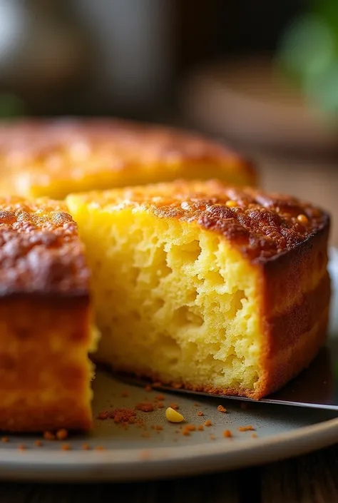 "A close-up video showing a freshly baked corn cake resting on a rustic plate. The camera focuses on the golden, slightly crispy crust of the cake. In slow motion, a knife gently slices through, revealing the soft, moist, and vibrant yellow interior. As th...