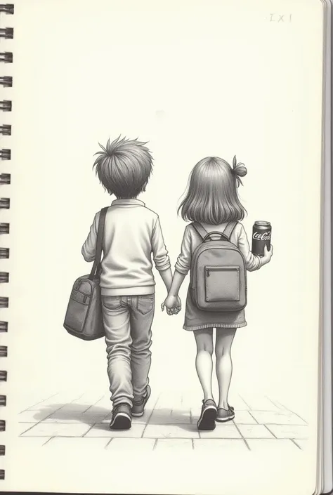 Create an illustrated image with pencil on a  diary page where a boy and a girl are walking together. The chubby girl is holding a Coca-Cola in her hand, and the boy is carrying the girls college bag."