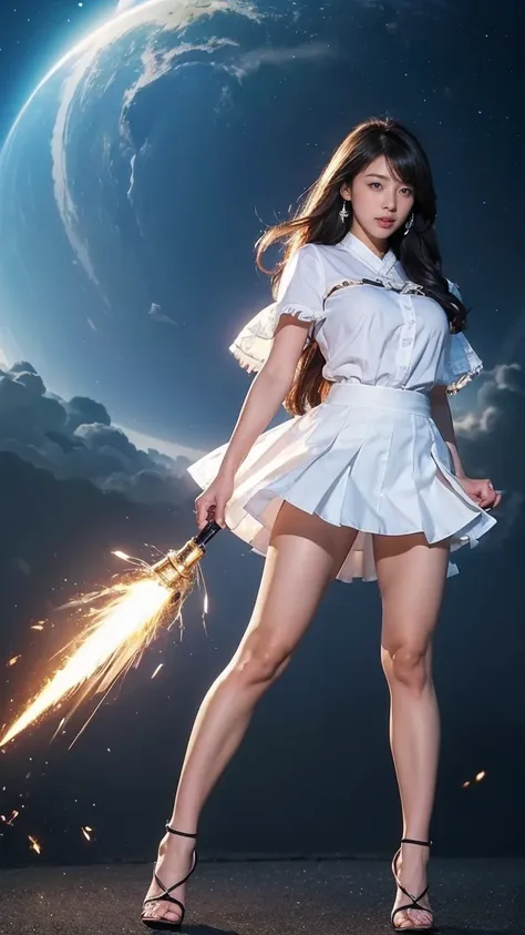 ((Highest quality、8k、masterpiece:1.3))、Realistic, Sharp focus, High resolution, High resolution,  alone, Full body photo、Japanese, Beautiful woman,blouse、skirt、High heels、Unleash your power、explosion的なエネルギー、thunder、Kamehameha,(((office)))、blasting、explosio...