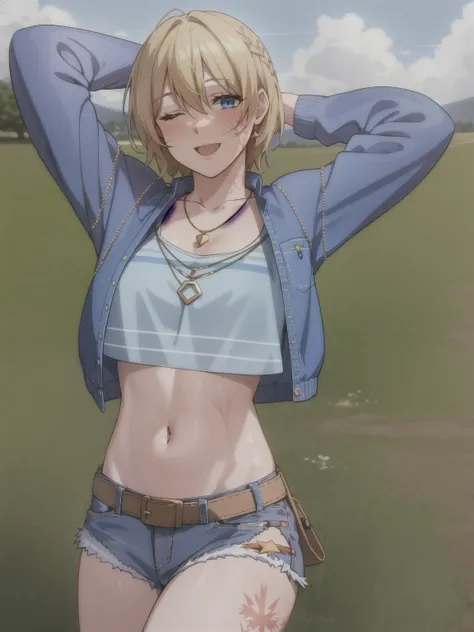 wattson (apex legends), masterpiece, best quality, 1girl, solo, one eye closed, shorts, belt, blue eyes, open mouth, blonde hair...