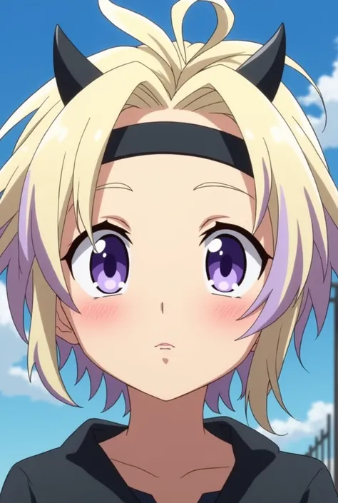 Anime panel, screencap boku no hero academia, a young boy of , beautiful, light blonde hair, long to below the shoulders, hair with pastel lilac highlights on the tips of her hair, Her hair is tied up in a small, messy ponytail., He wears a black plastic h...