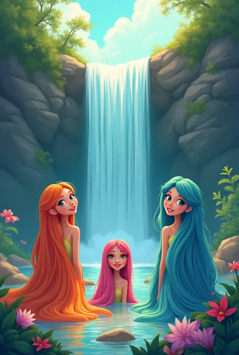 Women, long hair, waterfall, cartoon image