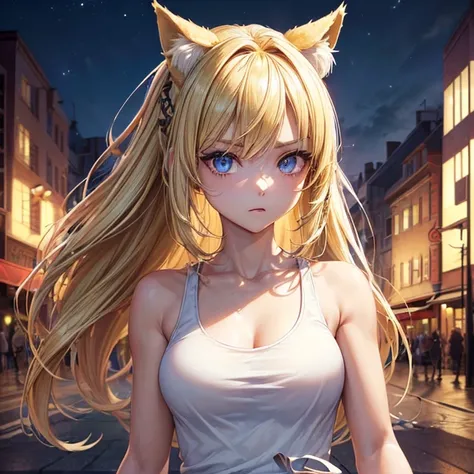 ((Highest quality, 8k, masterpiece: 1.3)), whole body, Sharp Focus: 1.2, Outstanding beauty: 1.4, Slim Abs: 1.2, (((blonde, big: 1.2)), Tank top dress: 1.1, (Night City, street: 1.1), Highly detailed face and skin texture, Detailed eyes, double eyelids　Ani...