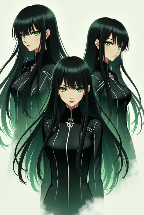 Character sheets, three types, long black hair, green eyes