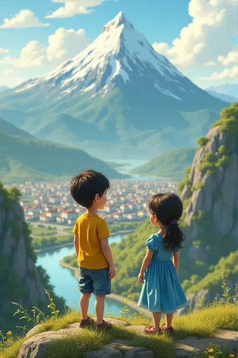 Boy and girl standing in a mountain seeing the town boy wearing yellow shirt and girl wearing blue dress